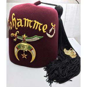 Vtg NY Shriner Masonic Ceremony Red Felt Fez Hat Tassel Jeweled Pin Mohammed Set